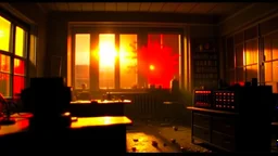 4K, ultra detail, ombres lumieres et reflets maximum, full realism. Light maximum. Terminator fighting with the d on a radio station. A nuclear explosion can be seen outside the window. Fire in the room