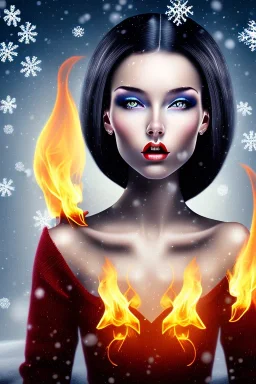 portrait young lady with big bobs black hairs Christmas in the snow and fire