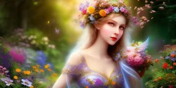 bright fairy, beautiful portrait, flowery landscape