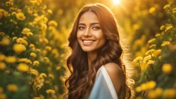 A gorgeous smiling ceylanese model with a golden skin, long smooth hair, blue eyes, in a cosmonaut outfit with luminous strikes in a hill of flowers with 1000 y/o trees, a small torrent, loads of mini flowers, moss, sun rays through the branches, particles in the air at spring