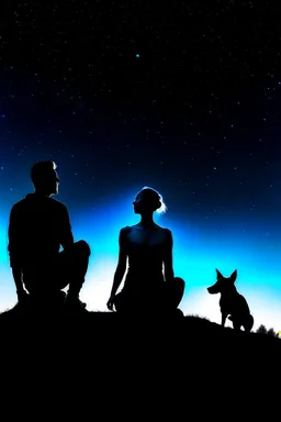 black background on a mountaintop and three silhouettes of a fit man, a silhouette of a fit woman, and silhouette of a Belgian malinois sitting next to the men and the woman looking at the stars