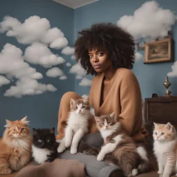 Portrait of black woman with curly hair sitting in room full of clouds and fluffy kittens