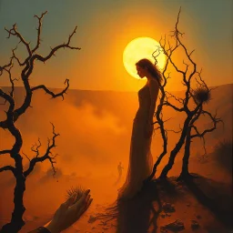 A dramatic surreal painting of a dusty desert mesa at twilight. A mysterious feminine figure emerges from the shadow of twisted creosote branches, her form entwined with thorny vines climbing slowly toward a blazing, boiling sun. Her skin is ethereal and dangerous; as a hand reaches to touch her, blood drips from the fingers. The atmosphere is haunting, poetic, and mythological. Use a painterly, cinematic style, with golden oranges, deep reds, dusty browns, and shimmering highlights. --v 7 --sty