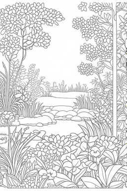 coloring page, nature, relaxing, "Secret Garden Oasis: Unveil the beauty of a hidden garden with blooming flower." full view, realistic, coloring page, only draw lines, coloring book, clean line art, –no sketch, color, –ar 3:4, white background, minimalistic black lines, minimal black color, low level black colors, coloring page, avoid thick black colors, thin black line art, avoid colors, perfect shape, perfect clear lines,