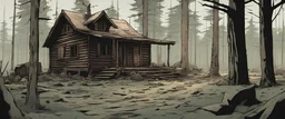 log cabin, post-apocalyptic, comic book, forest, cinematic, from far away,