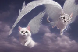 A cat with wings is flying in the sky. 3/4 side view. digital art.