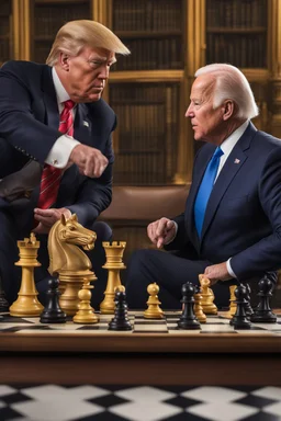 A hyper-realistic photo, Joe Biden and Trump in a game of chess, the pieces on the board representing their contrasting visions for the future., 64K, hyperrealistic, vivid colors, (glow effects:1.2) , 4K ultra detail, , real photo