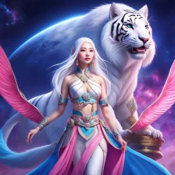 (masterpiece, best quality, 8k, RAW photo, beautiful and aesthetic:1.2), complex detail, Indirect light, photorealistic, (((full body))), 2 Gorgeous Cosmic asian goddess smiling, long curved white hair, blue eyes, Mixed, sci-fi and traditional asian outfit with pink velvet and white furs, riding a white tiger running in a colorfull snowy Sci-Fi landscape with bokeh