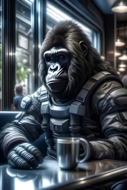 Space suit gorilla with glass helmet sitting at a cafe, he, realistic, textured fur, hdr, photoshop, photography, 4k, 16k, leica, fujifilm