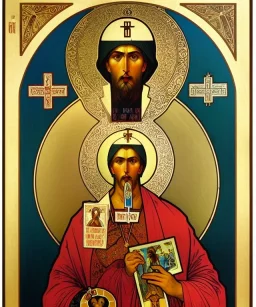 orthodox old icon with saint, patron of photographers. he is holding a camera in one hand and 35mm film in the other. Cyrillic inscriptions are the names of photographic brands. hyperdetailed, Alphonse Mucha, Zdzisław Beksiński, poster, illustration, ink, oil on canvas, 18th century atlas