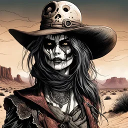 highly detailed concept illustration of an alternate reality undead Wild West female anti heroine wanderer in the desert Southwest , maximalist, sharp focus, finely detailed facial features, highest resolution, in the styles of Alex Pardee, Denis Forkas , and Masahiro Ito, boldly inked, 8k, coarse, gritty textures