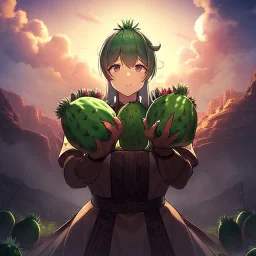 anime real life like cactus in the desert in arizona, grand canyon,anime, storm clouds in the background, prickly cactus. in her hands. thumb and four fingers