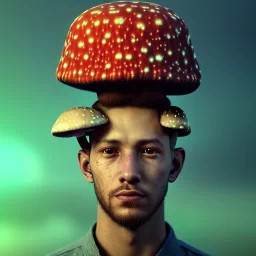 Portrait of a young man with a magic mushroom on his head, psychedelic style, 8k, HD, cinematography, photorealistic, Cinematic, Color Grading, Ultra-Wide Angle, Depth of Field, hyper-detailed, beautifully color-coded, insane details, intricate details, beautifully color graded, Cinematic, Color Grading, Editorial Photography, Depth of Field, DOF, Tilt Blur, White Balance, 32k, Super-Resolution, Megapixel, ProPhoto RGB, VR, Halfrear Lighting, Backlight, Nat