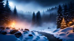 fir forrest scenery, heavy mist,valley,creek,forest,christmas ,tree,,nature,night,snow,fir tree,high-quality photograph,zeiss prime lens, bokeh , high detail, smooth render, unreal engine 5, dust effect, vivid colors,night