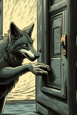 Digital drawing of a wolf hand ringing the doorbell, I want the wold point of view, so I want to see just his hand ringing the doorbell
