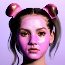 perfect symmetry,Rosalía artist, porcelain material skin mask face, pink eyeliner, pigtails hair, gold, pink, geisha, led lights, fog, rain, latex, vibrant color, highly detailed, art stations, concept art, smooth, unreal engine 5, god rays, ray tracing, RTX, lumen lighting, ultra detail, volumetric lighting, 3d, finely drawn, high definition, high resolution.