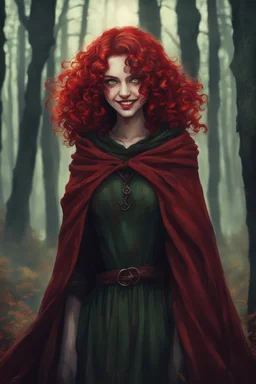 Evil sadistic eighteen-year-old girl, green eyes, blood-red curls, covered with a brown cloak, smiling in the middle of the forest