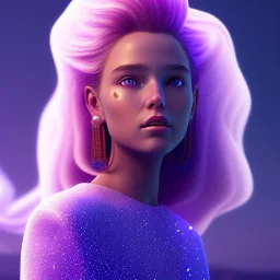 A portrait of a crystalised girl,smiling, longs blond hairs, galactic dress, atmospheric, realistic, cinematic lighting, octane render, purple and blue light, nebula