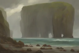 cloudy grey day, cliffs, fantasy, rocks, videgame landscapes influence, epic, one person, distant mountains, rodolphe wytsman, jenny montigny, and friedrich eckenfelder impressionism paintings