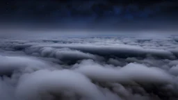 looking down from space at the mist and clouds, surrounded by the mist at night starry sky. majority of the image is space