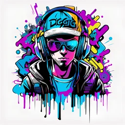 Vector t shirt art ready to print colorful graffiti illustration of a cyberpunk boys and a basecap with text "Digi".On cap, headphone, explore, white background.