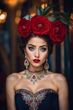 full length, young woman Portrait, detailed eyes, with spectacular red lips, Eyeliner "beautiful eye" with clear eyebrows, dress with a narrow waist, modest jewelry with subtle eyeliner, centered, symmetry, intricate, volumetric lighting, beautiful, rich deep colors masterpiece, sharp focus, ultra detailed, 8K, dslr, no crop, grand ballroom background, normal eyes