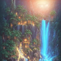 turquoise neon waterfall with palm trees sparkling at night in a cave detailed realistic glowing