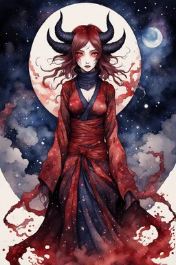 Demon girl wizard behind, horror, nightmare, galaxy in eyes, fullbody, watercolor illustration by <Katsushika Hokusai>, darkred tones,