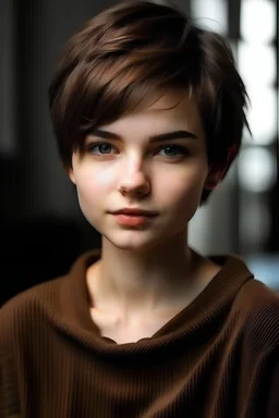 A 16-year-old girl, short hair and height, very beautiful facial features, brown hair and eyes, beautiful and modern designed clothes, distinctive lips, and proportional eyebrows.