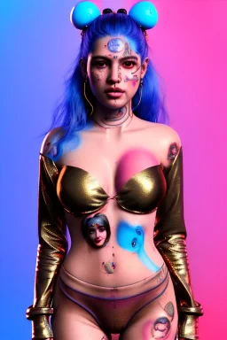 Ultra Realistic image, Rosalía artist, portrait, waist up portrait, black eye line, pop tattoos, gold pink and blue geisha style, spray line make up, geometric, led lights, neon, rings piercing, led ornament, fog, bubble latex coat, vibrant color, highly detailed, art stations, concept art, smooth, unreal engine 5, god rays, ray tracing, RTX, lumen lighting, ultra detail, volumetric lighting, 3d, finely drawn, high definition, high resolution.