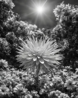 Atomic explosion made of flowers, ULTRA REALISTIC, B&W Photograph, cinematic, cinematic shot, dynamic composition, details, intricate detail, professional lighting, film lighting, 35mm, anamorphic, lightroom, cinematography, bokeh, lens flare, film grain, hdr10, 8k, Roger Deakins, incredibly detailed, reflect, sharpen