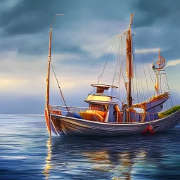 modern Fisherman small boat in the harbor, hand drawed style