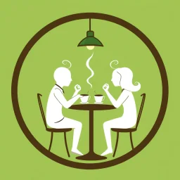 A circular logo for a cafe in a beautiful green color, with two people sitting at a table for two, their heads shaped like coffee cups, drinking coffee, and the cafe light above the table is on.