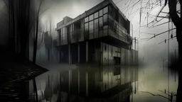 dark and mysterious, Austere brutalist architecture softened by its mirrored reflection in a still lake, the interplay of light and shadow creating an abstract, impressionistic vista., dark shadows and fog, blurred, neo-expressionism