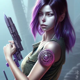 revy black lagoon, purple hair, black tank top, jean shorts, tribal sleeve left arm, portrait shinkai makoto, studio ghibli, studio key, madhouse anime studio, artgerm, lau rossdraws james jean marc simonetti pixiv