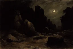 Night, rocks, trees, begginer's landscape, horror gothic movies influence, friedrich eckenfelder and george hendrick breitner impressionism paintings