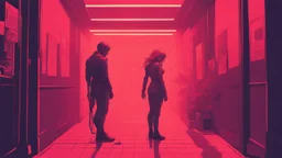 cyberpunk, an apathetic hitman does magic on a nymph in a cramped hallway, monochromatic hue, minimalistic risograph duotone design effect, two color palette, veiled contrast, redscale, red light leaks, warm, bright sunlight, vaporwave, neon colors, science fiction, detailed scene