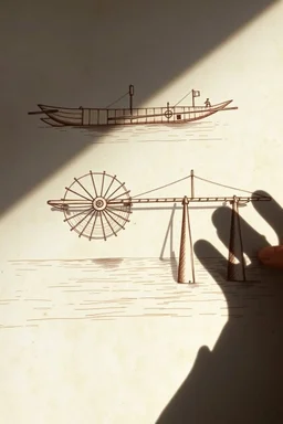 Leonardo Da Vinci's drawings of weird rowing boat water screw and self supporting bridge, made with shadows from hands