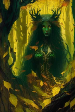 In the heart of a dense and enigmatic forest with towering ancient trees cloaked in emerald, yellow and amber foliage stands an ethereal beauty, her face is perfect, her lustrous hair cascading in ebony waves down to her slender waist in the background the crimson eyes of a large demonic animal are visible