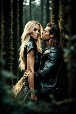 handsome muscular man with long brown hair, wearing a leather jacket, holding a beautiful delicate sweet young woman with long blonde hair, close up shot, romantic, fine details, high resolution, 4k, photorealistic. Forest Background