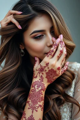A breathtakingly beautiful woman with long, flowing brown and ash-toned hair delicately adjusts her hair with her fingers, showcasing a nose pin and hands adorned with intricate maroon henna patterns. This image is a high-quality photograph that captures her elegance and grace. Every detail is exquisitely depicted, from the subtle hues of her hair to the intricate designs on her nails, creating a mesmerizing portrait of timeless beauty. ultra realistic 8k image