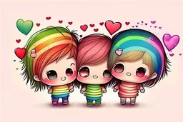 cute rainbow chibi girl and boy and hearts