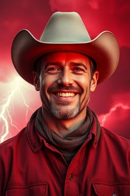 A cowboy smiling portrait with a red light reflecting in their cybernetenhancements.red background all are red cloudy stormy with thunder in the background with be ey