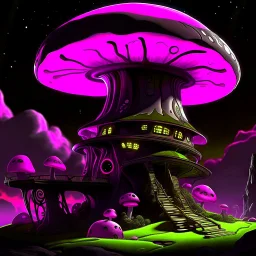 A fantabulous black, lime, and pink (((mushroom tower house))) erected atop a (geologic pillar), surrounded by the uncanny imaginative ((( swirling skies))), offset by the stark hues of a (neon-tinged nebulous space scape), within. captured by the hand a skilled master painter with a focus on (softly blurred compositions and voluminous lighting).