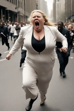 an obese terrified blonde white woman crying and sobbing in a pant suit desperately running away from an angry mob of thousands of black people chase her down a city street