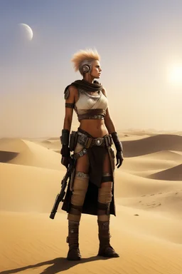 [tank girl] The twin suns sink low on the horizon as Afrey stands sentinel upon the dune, etched skins shifting in their dying light. She is the last guardian of Tatooine now, all other Defenders fallen these past moons. But her people remain, and while even one dwells in this town she will stand. Long she has kept her lonely vigil here, choosing a vantage apart where she may see and be unseen. Her keen eyes note every shadow, searching for any threat borne on the fading breeze. One hand rests l