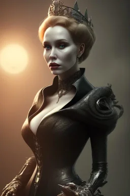 Christina Hendricks as evil queen in black leather, cleavage, angry, stern look. character design by cory loftis, fenghua zhong, ryohei hase, ismail inceoglu and ruan jia. unreal engine 5, artistic lighting, highly detailed, photorealistic, fantasy