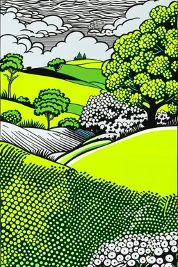 A lime green hilly fields with flowers painted by Roy Lichtenstein