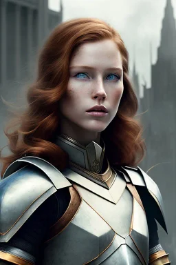 ultrarealistic, concept art, ruined city,__intricate fantasy armor__, no star, __angles__, 18 year old woman, strikingly beautiful,ginger hair, _colour_, (pale __skincolor__ skin:1.2), __camera__, long hair, detailed face and eyes, medium breasts, sci-fi theme, freckles, dynamic pose, resolved expression, __accessory__, strappy outfit, (straps:1.1), sword in scabbard on left hip, (buckles, buttons, snaps, rings:1.0), haltertop style breastplate, detailed eyes, plump lips