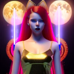 Attractive young teenage girl with golden fire red hair wearing a galactic tiara, who is dressed like a galactic guardian casting a spell with quarterstaff, she has cat ears and open dazzling blue eyes, has a normal nose, background is realistic space with a moon, the girl is on a planet, black goth girl dress, full body portrait, arm colors gradient effect into stars, rendered, unity 3d, unreal engine, dslr, hdr, 4k, edited, photorealistic, normal number of appendages, freckles, artists render